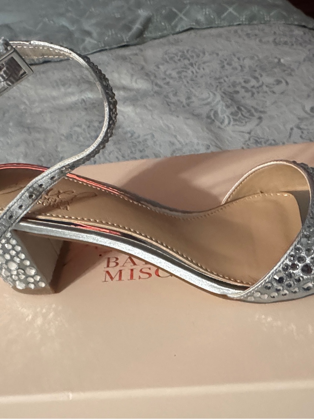 Jewel Badgley Mischka Silver Crystal Block Heel Sandals